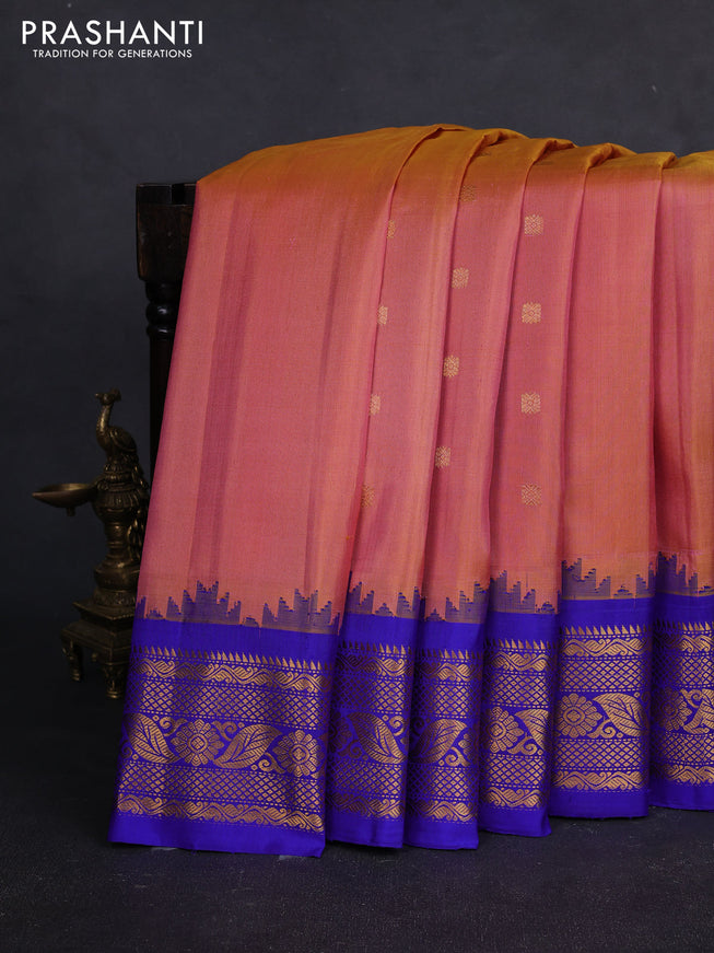 Pure gadwal silk saree dual tone peach and blue with zari woven buttas and temple design zari woven border