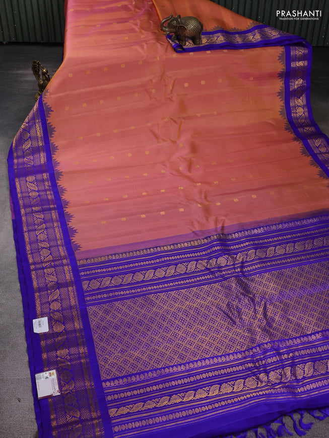 Pure gadwal silk saree dual tone peach and blue with zari woven buttas and temple design zari woven border