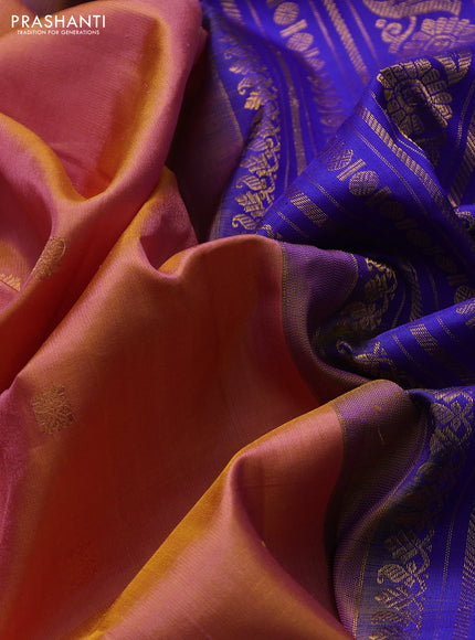 Pure gadwal silk saree dual tone peach and blue with zari woven buttas and temple design zari woven border