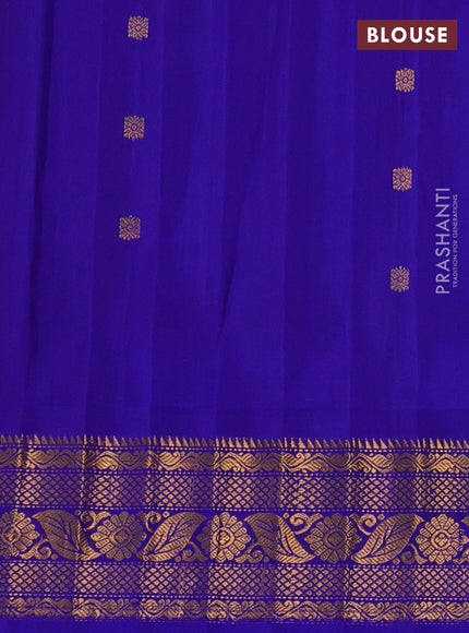 Pure gadwal silk saree dual tone peach and blue with zari woven buttas and temple design zari woven border