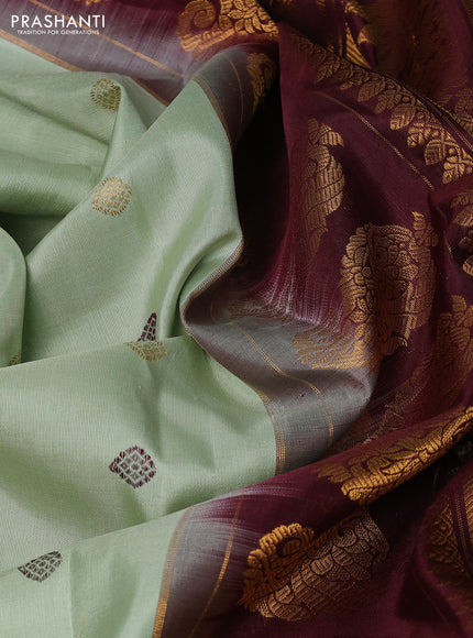 Pure gadwal silk saree pista green and deep maroon with thread & zari woven buttas and temple design zari woven border