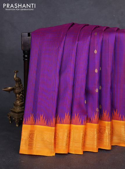 Pure gadwal silk saree violet and mango yellow with allover checked pattern & zari buttas and temple design zari woven border