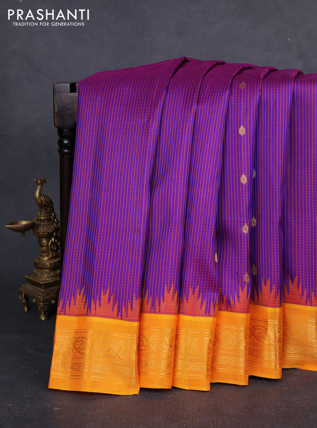 Pure gadwal silk saree violet and mango yellow with allover checked pattern & zari buttas and temple design zari woven border