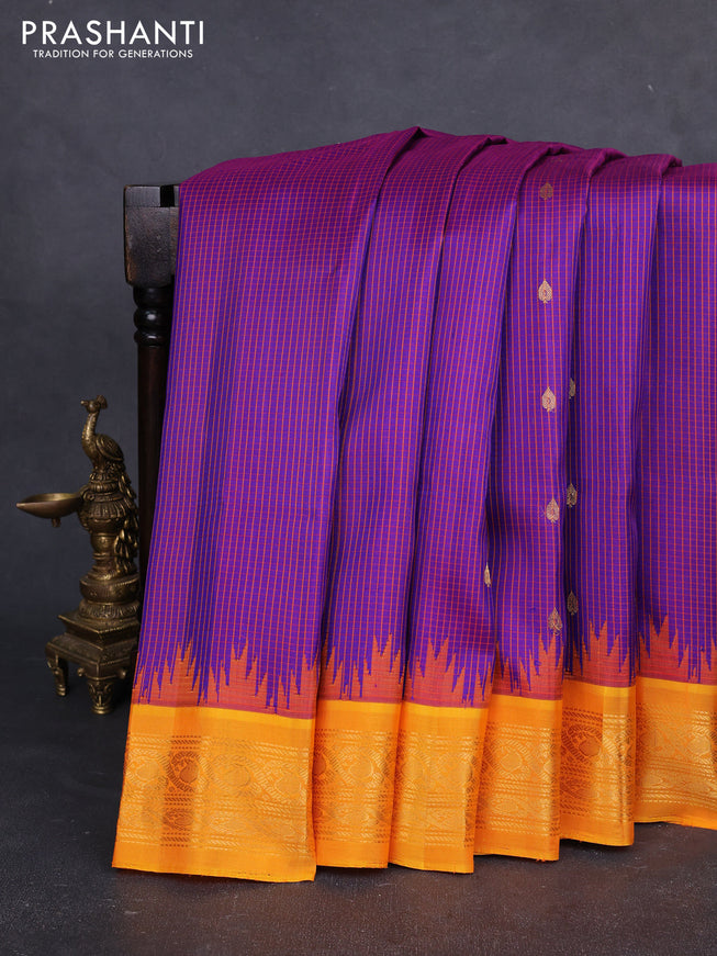 Pure gadwal silk saree violet and mango yellow with allover checked pattern & zari buttas and temple design zari woven border