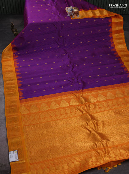 Pure gadwal silk saree violet and mango yellow with allover checked pattern & zari buttas and temple design zari woven border