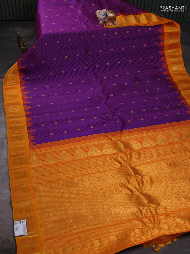 Pure gadwal silk saree violet and mango yellow with allover checked pattern & zari buttas and temple design zari woven border
