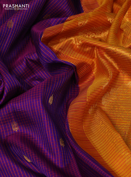 Pure gadwal silk saree violet and mango yellow with allover checked pattern & zari buttas and temple design zari woven border