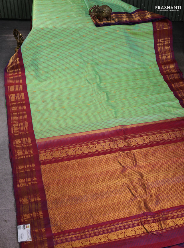 Pure gadwal silk saree pista green and maroon with allover checked pattern & zari buttas and zari woven border
