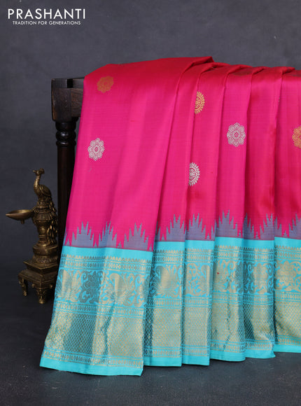 Pure gadwal silk saree pink and teal blue with silver & gold zari woven buttas and temple design zari woven border