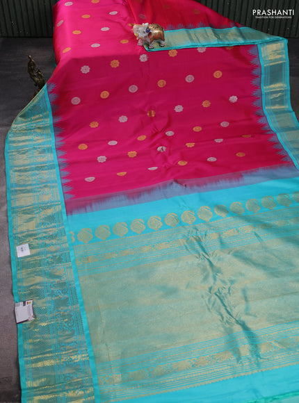 Pure gadwal silk saree pink and teal blue with silver & gold zari woven buttas and temple design zari woven border