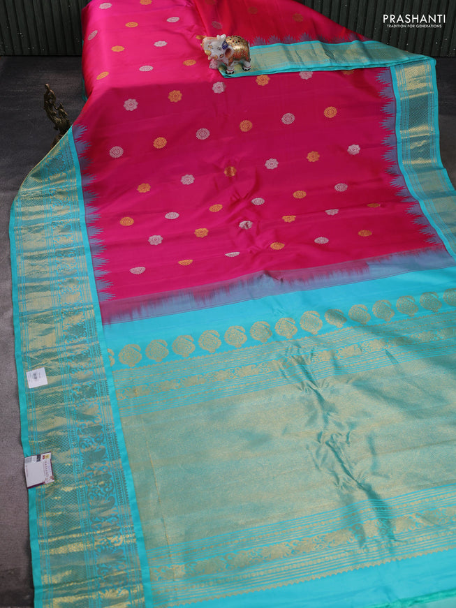 Pure gadwal silk saree pink and teal blue with silver & gold zari woven buttas and temple design zari woven border