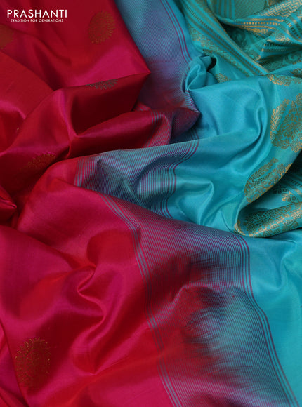 Pure gadwal silk saree pink and teal blue with silver & gold zari woven buttas and temple design zari woven border