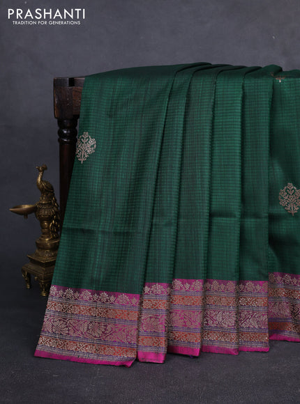 Banarasi dupion silk saree bottle green and pink with thread & zari woven buttas and woven border
