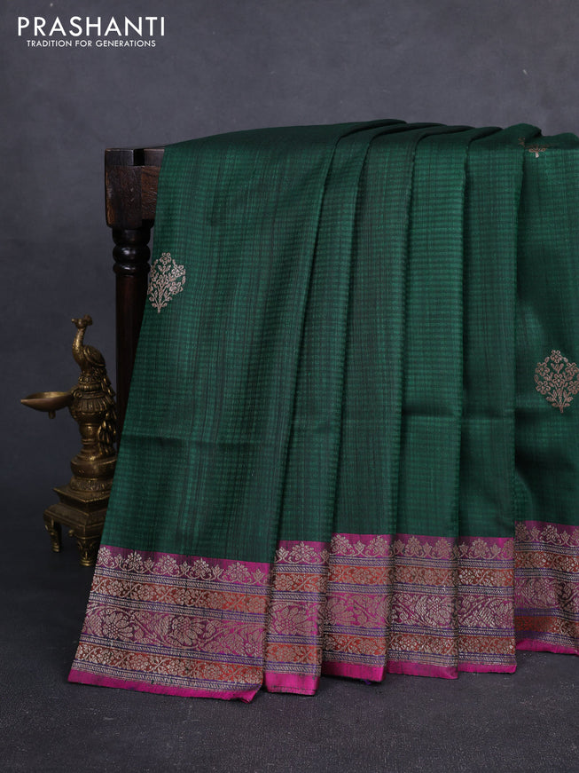 Banarasi dupion silk saree bottle green and pink with thread & zari woven buttas and woven border
