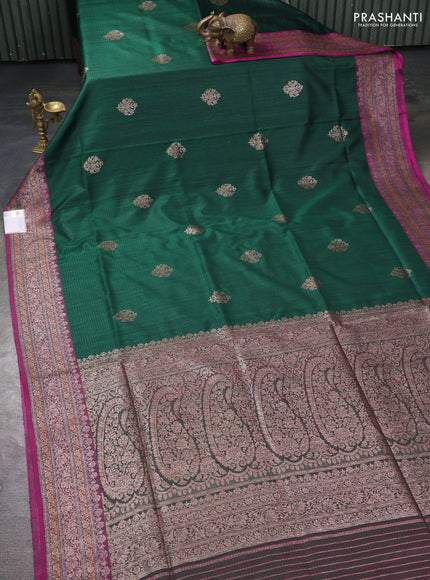Banarasi dupion silk saree bottle green and pink with thread & zari woven buttas and woven border