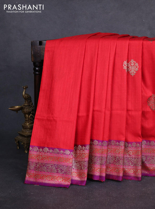 Banarasi dupion silk saree red and purple with thread & zari woven buttas and woven border