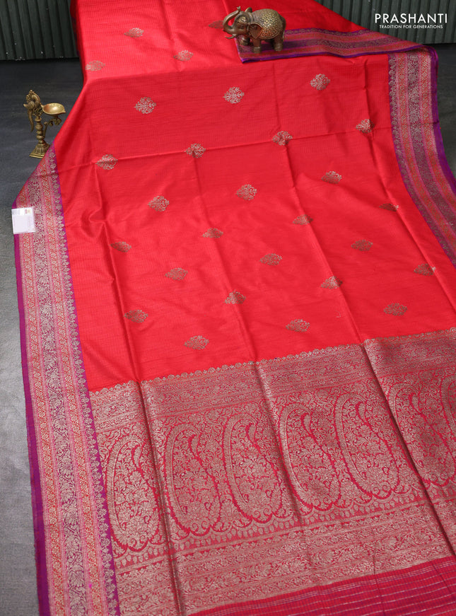 Banarasi dupion silk saree red and purple with thread & zari woven buttas and woven border