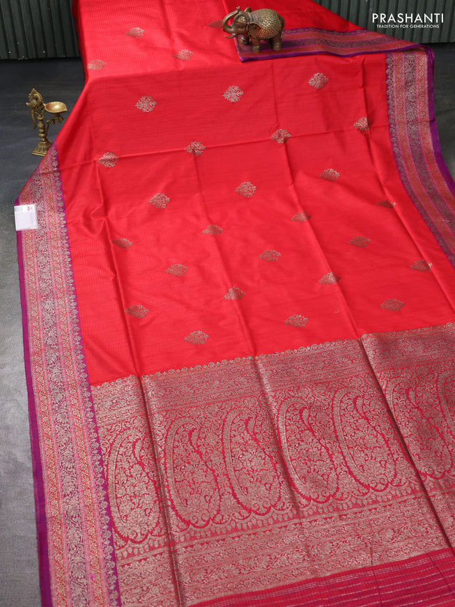 Banarasi dupion silk saree red and purple with thread & zari woven buttas and woven border