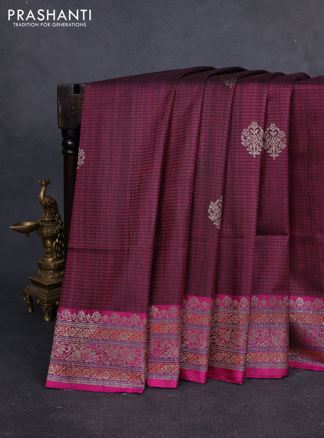 Banarasi dupion silk saree wine shade and pink with thread & zari woven buttas and woven border