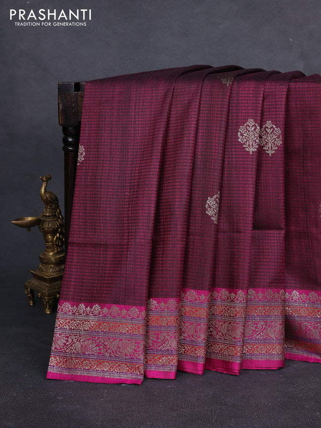 Banarasi dupion silk saree wine shade and pink with thread & zari woven buttas and woven border