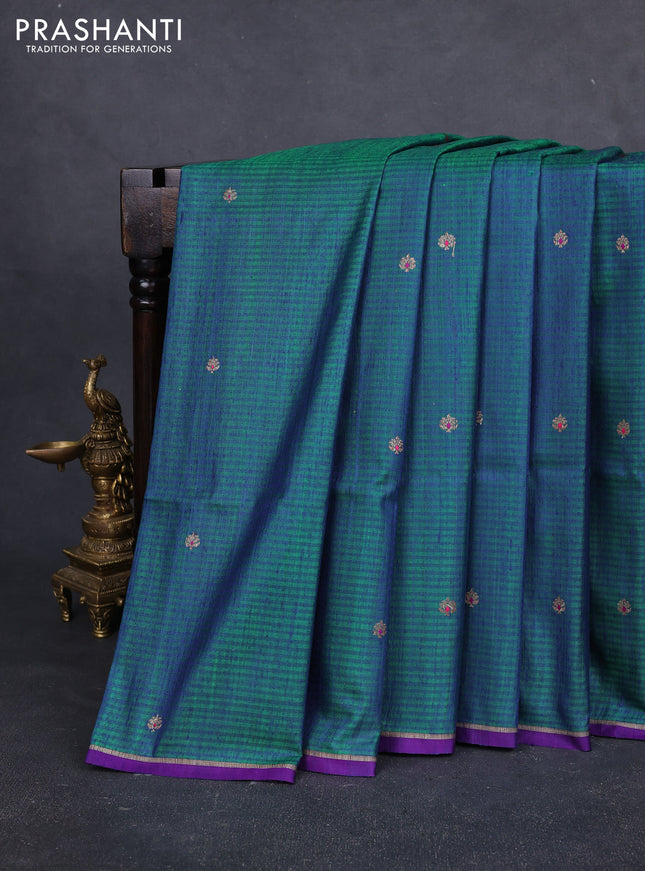 Banarasi dupion silk saree dual shade of bluish green and purple with thread & zari woven buttas and zari woven simple border