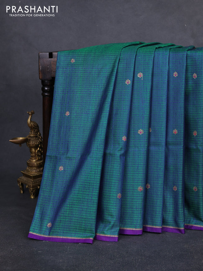 Banarasi dupion silk saree dual shade of bluish green and purple with thread & zari woven buttas and zari woven simple border