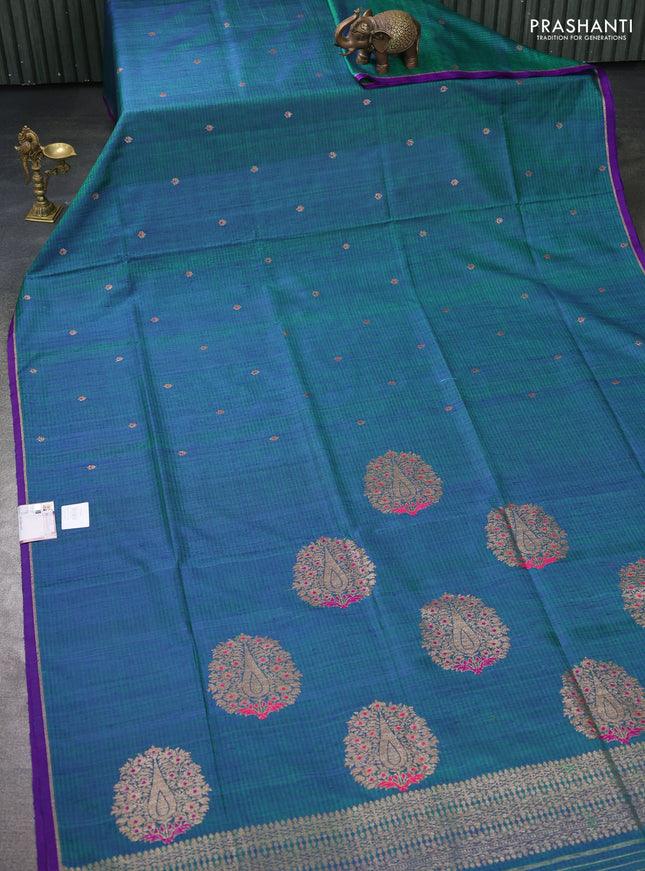 Banarasi dupion silk saree dual shade of bluish green and purple with thread & zari woven buttas and zari woven simple border