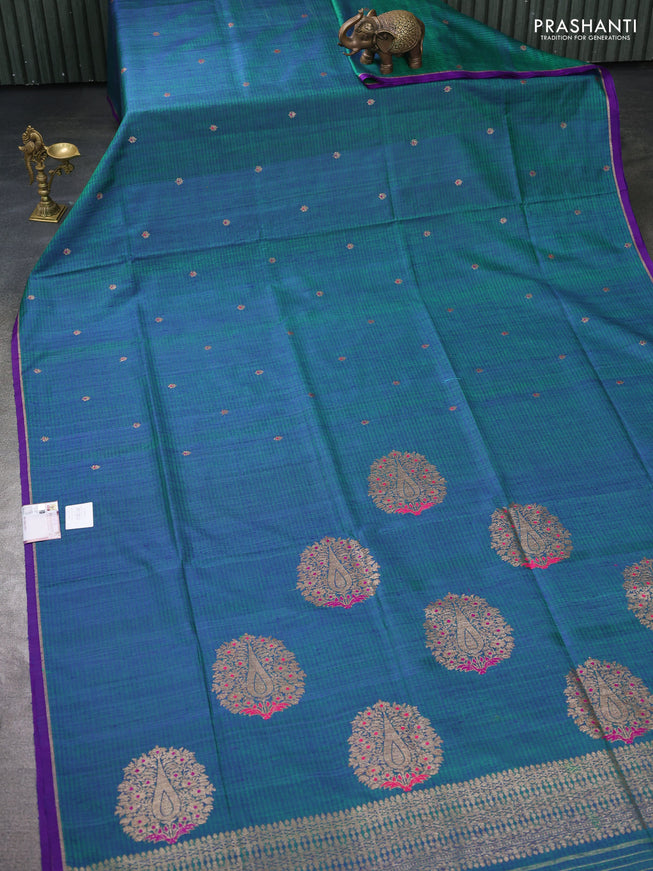 Banarasi dupion silk saree dual shade of bluish green and purple with thread & zari woven buttas and zari woven simple border