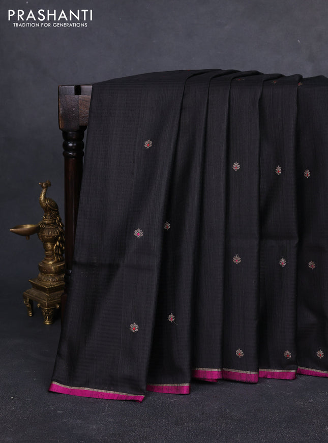 Banarasi dupion silk saree black and pink with thread & zari woven buttas and zari woven simple border