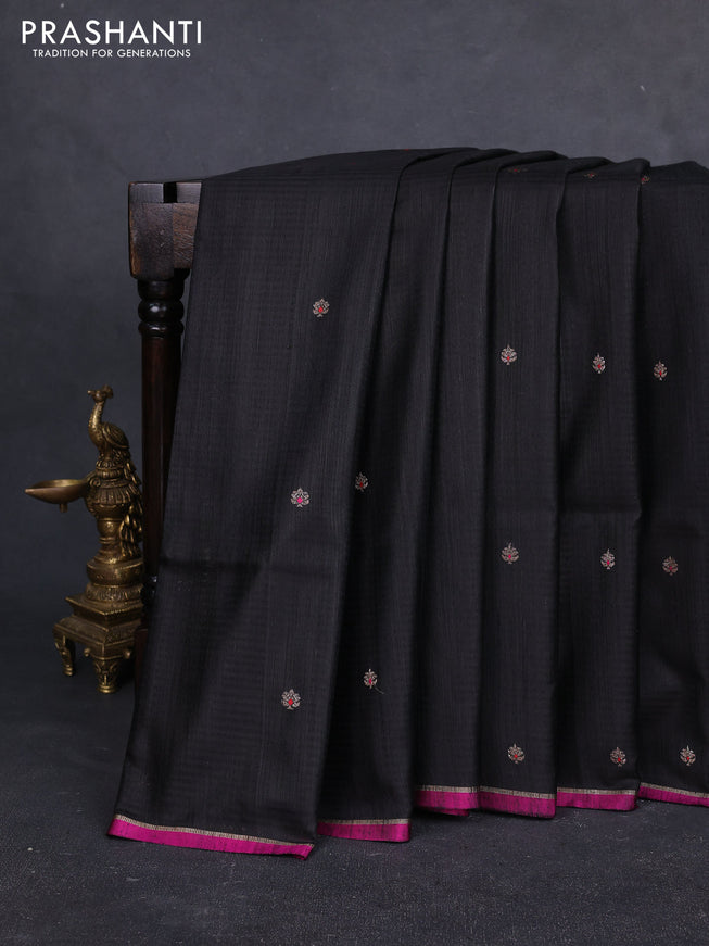 Banarasi dupion silk saree black and pink with thread & zari woven buttas and zari woven simple border