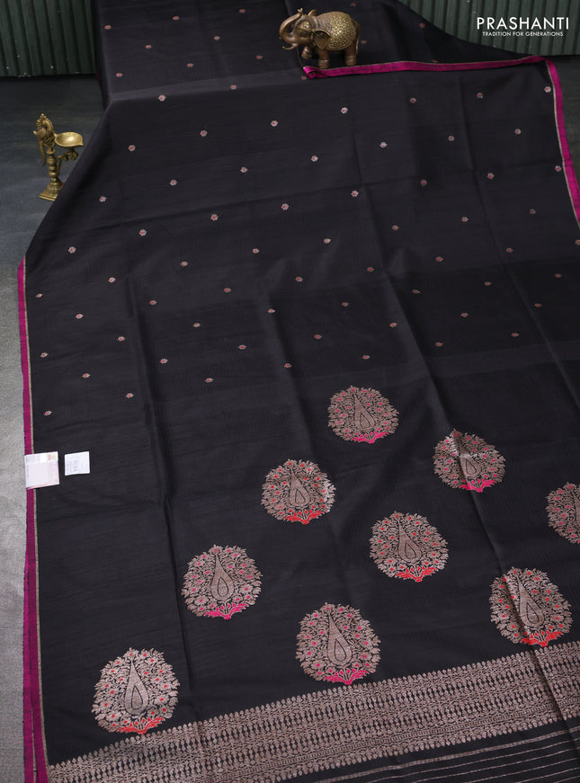 Banarasi dupion silk saree black and pink with thread & zari woven buttas and zari woven simple border