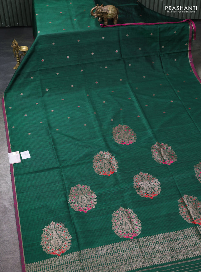 Banarasi dupion silk saree green and pink with thread & zari woven buttas and zari woven simple border