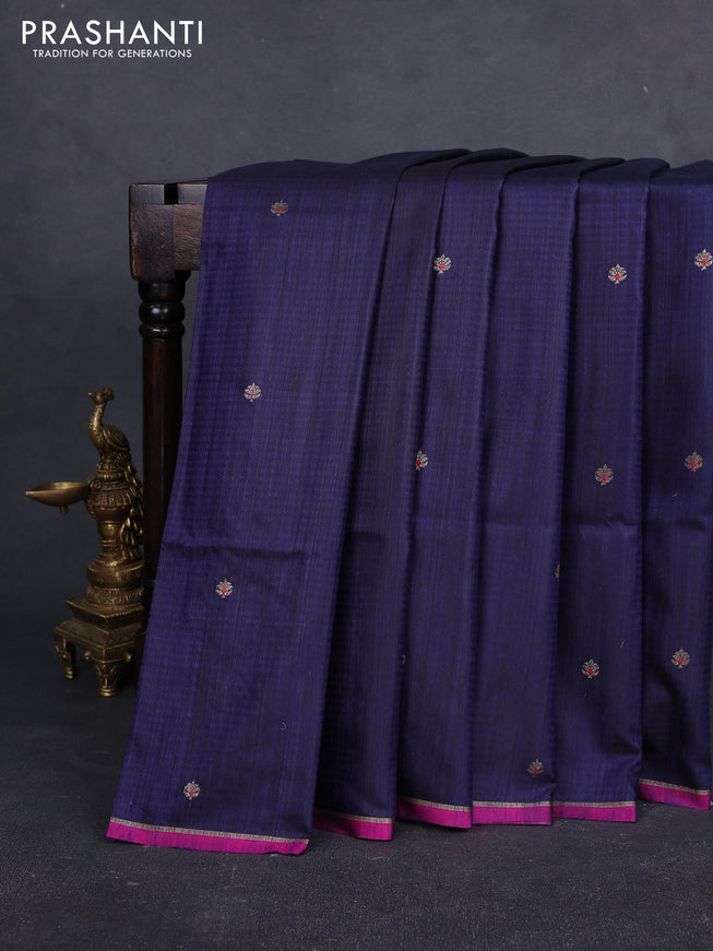 Banarasi dupion silk saree navy blue and pink with thread & zari woven buttas and zari woven simple border
