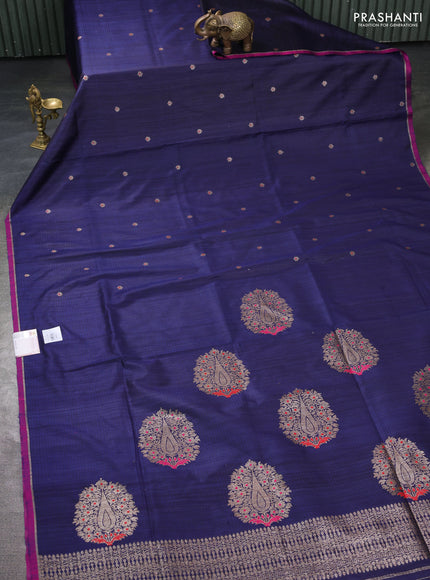 Banarasi dupion silk saree navy blue and pink with thread & zari woven buttas and zari woven simple border