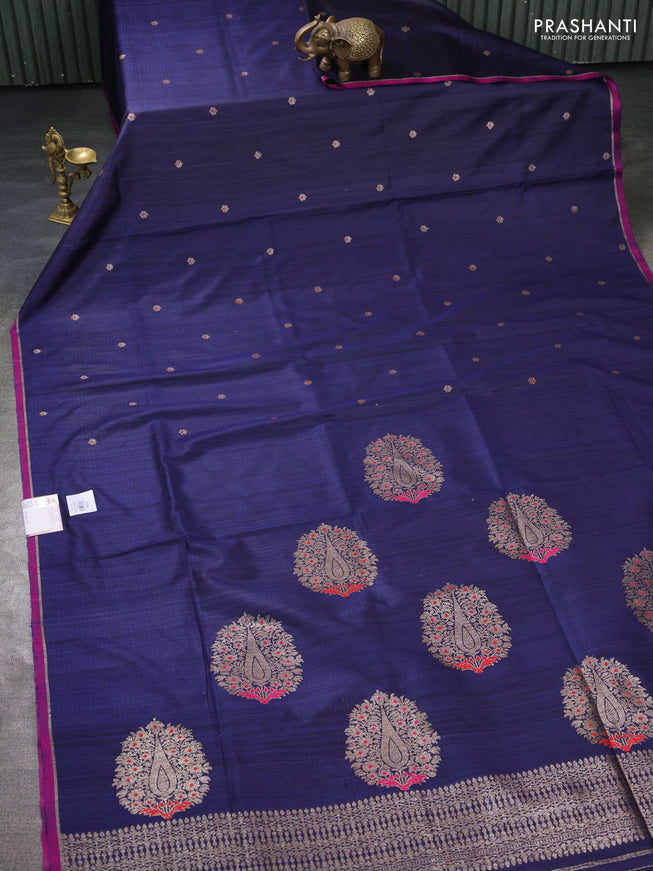 Banarasi dupion silk saree navy blue and pink with thread & zari woven buttas and zari woven simple border