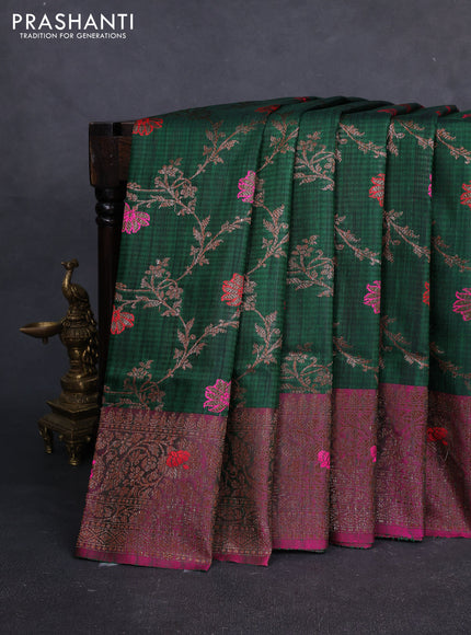 Banarasi dupion silk saree green and magenta pink with allover thread & zari woven floral weaves and woven border