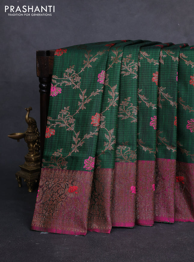 Banarasi dupion silk saree green and magenta pink with allover thread & zari woven floral weaves and woven border