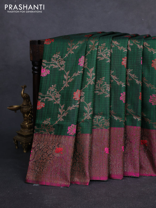 Banarasi dupion silk saree green and magenta pink with allover thread & zari woven floral weaves and woven border