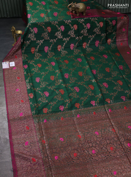 Banarasi dupion silk saree green and magenta pink with allover thread & zari woven floral weaves and woven border