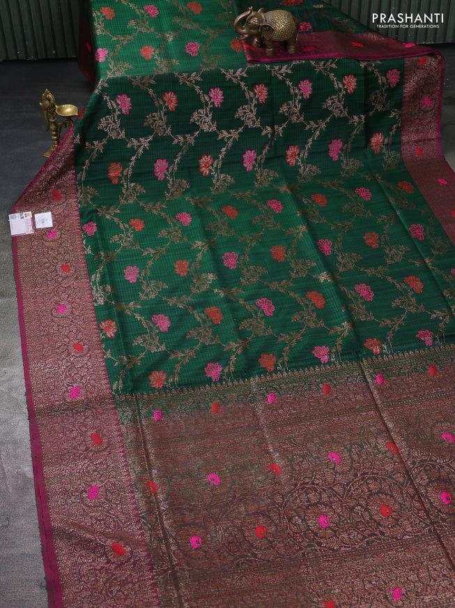 Banarasi dupion silk saree green and magenta pink with allover thread & zari woven floral weaves and woven border