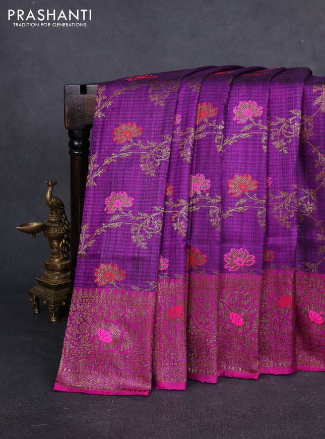 Banarasi dupion silk saree purple and pink with allover thread & zari woven floral weaves and woven border