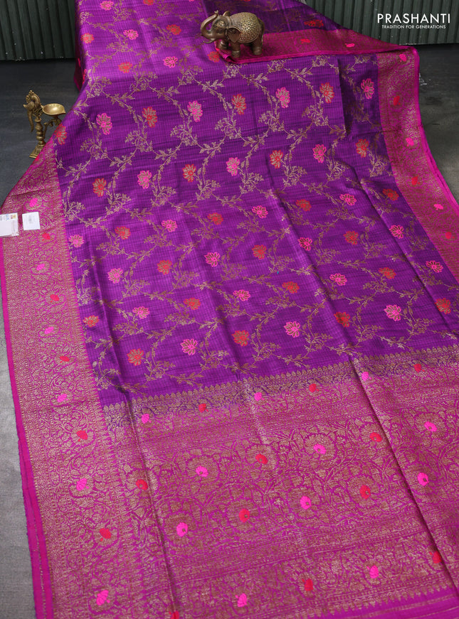 Banarasi dupion silk saree purple and pink with allover thread & zari woven floral weaves and woven border