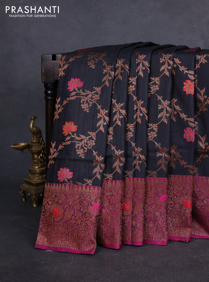 Banarasi dupion silk saree black and pink with allover thread & zari woven floral weaves and woven border