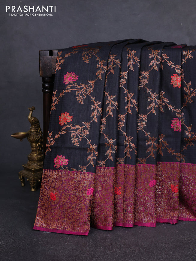 Banarasi dupion silk saree black and pink with allover thread & zari woven floral weaves and woven border