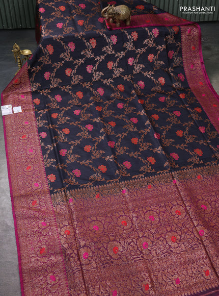 Banarasi dupion silk saree black and pink with allover thread & zari woven floral weaves and woven border