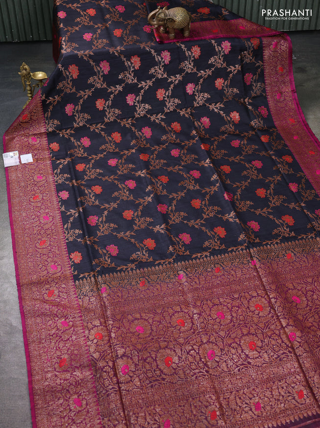 Banarasi dupion silk saree black and pink with allover thread & zari woven floral weaves and woven border