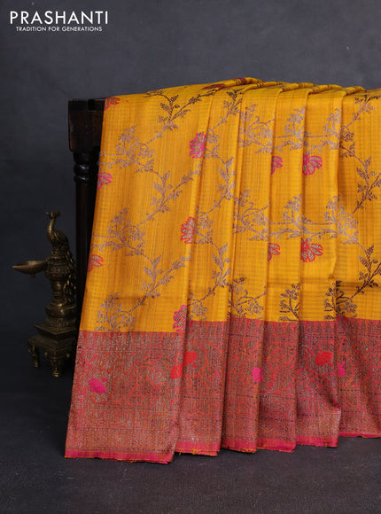 Banarasi dupion silk saree yellow and dual tone pink with allover thread & zari woven floral weaves and woven border