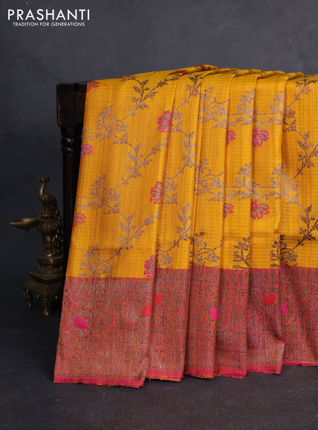 Banarasi dupion silk saree yellow and dual tone pink with allover thread & zari woven floral weaves and woven border
