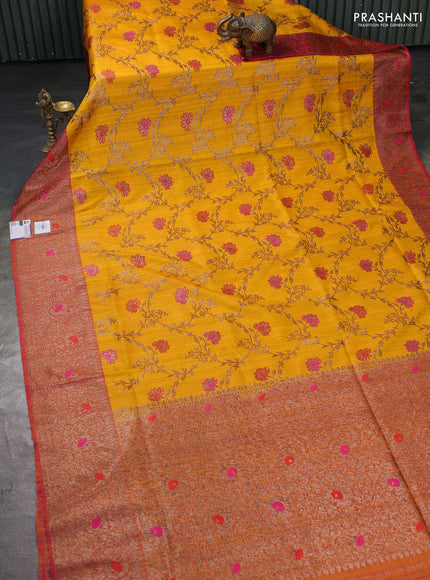 Banarasi dupion silk saree yellow and dual tone pink with allover thread & zari woven floral weaves and woven border