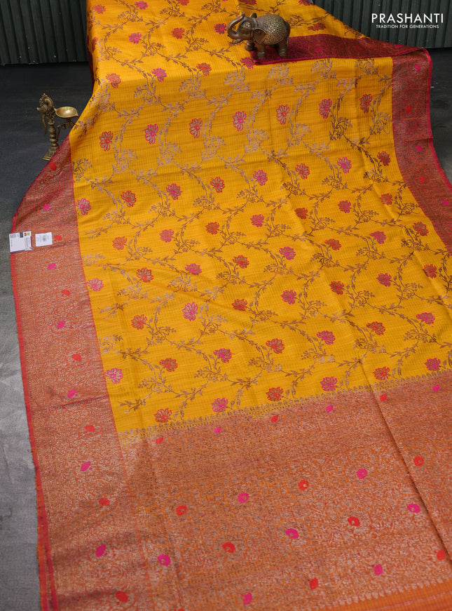 Banarasi dupion silk saree yellow and dual tone pink with allover thread & zari woven floral weaves and woven border
